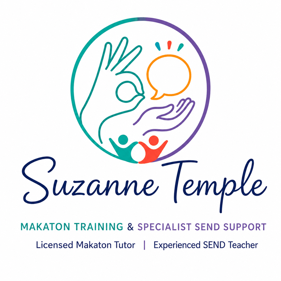 Suzanne Temple — Makaton Training and Specialist SEND Support logo: two hands signing around a speech bubble